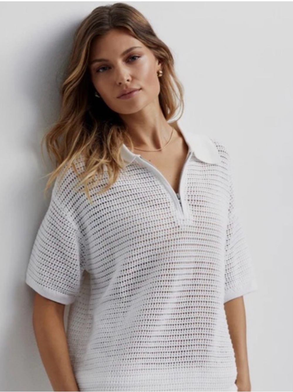 Varley White Crochet Zip Polo